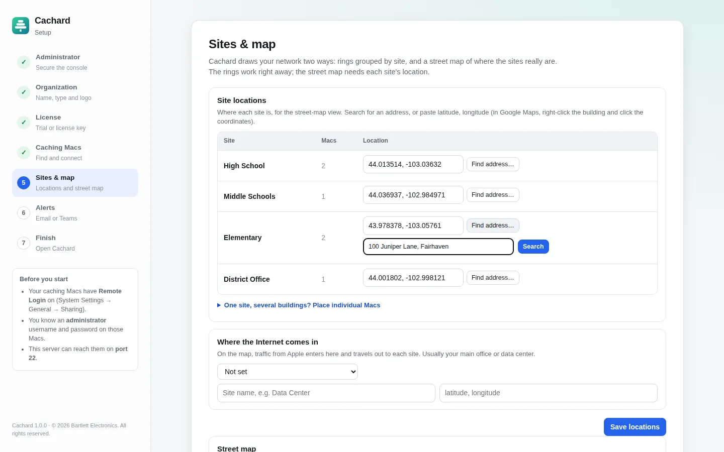 Setup wizard step for site locations with an address search