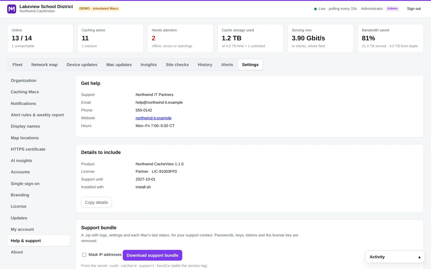 Help and support page showing the support contact, documentation and a support bundle button